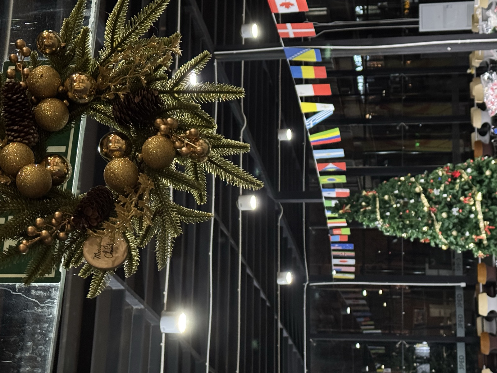 Lights and garlands across the school hall
